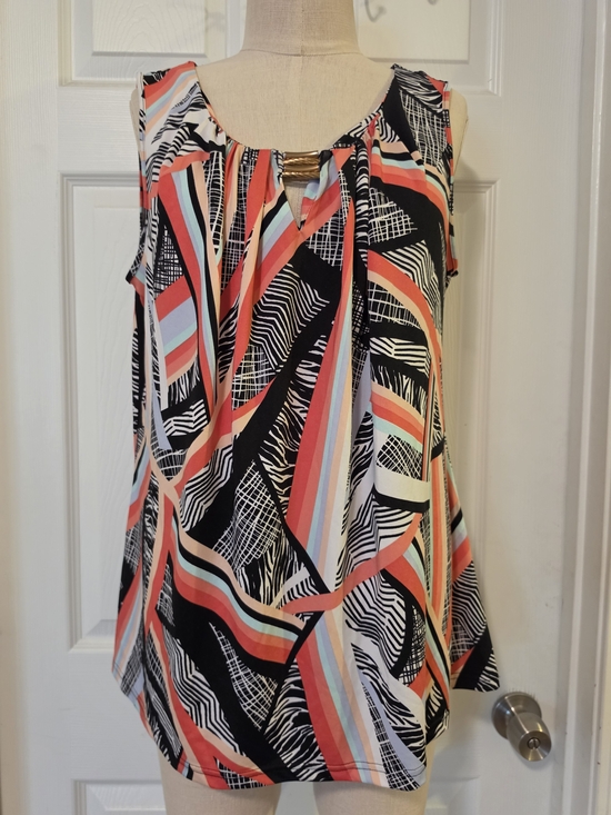 Avenue Tops - Avenue Coral, Black and Light Blue Geometric Sleeveless Blouse Size XL